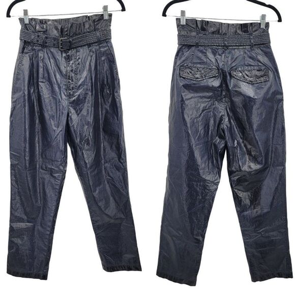 Free People Pants Faux Leather High Rise Paperbag Tapered Belted Metallic 4 - Picture 3 of 17